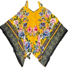 Unique Spectrum 1X Yellow Floral Handkerchief Hem Tank Top Boho Paisley Blouse